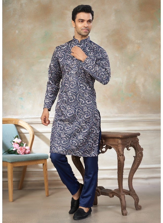 OUTLUK Navy Blue Embroidered Kurta and Pajama Set for Men - Image 3